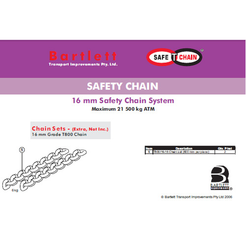 Bartlett Saftety Chain Attachment Kits - Chain Set 800mm long, 16mm Grade T800 Chain - T800/16-14